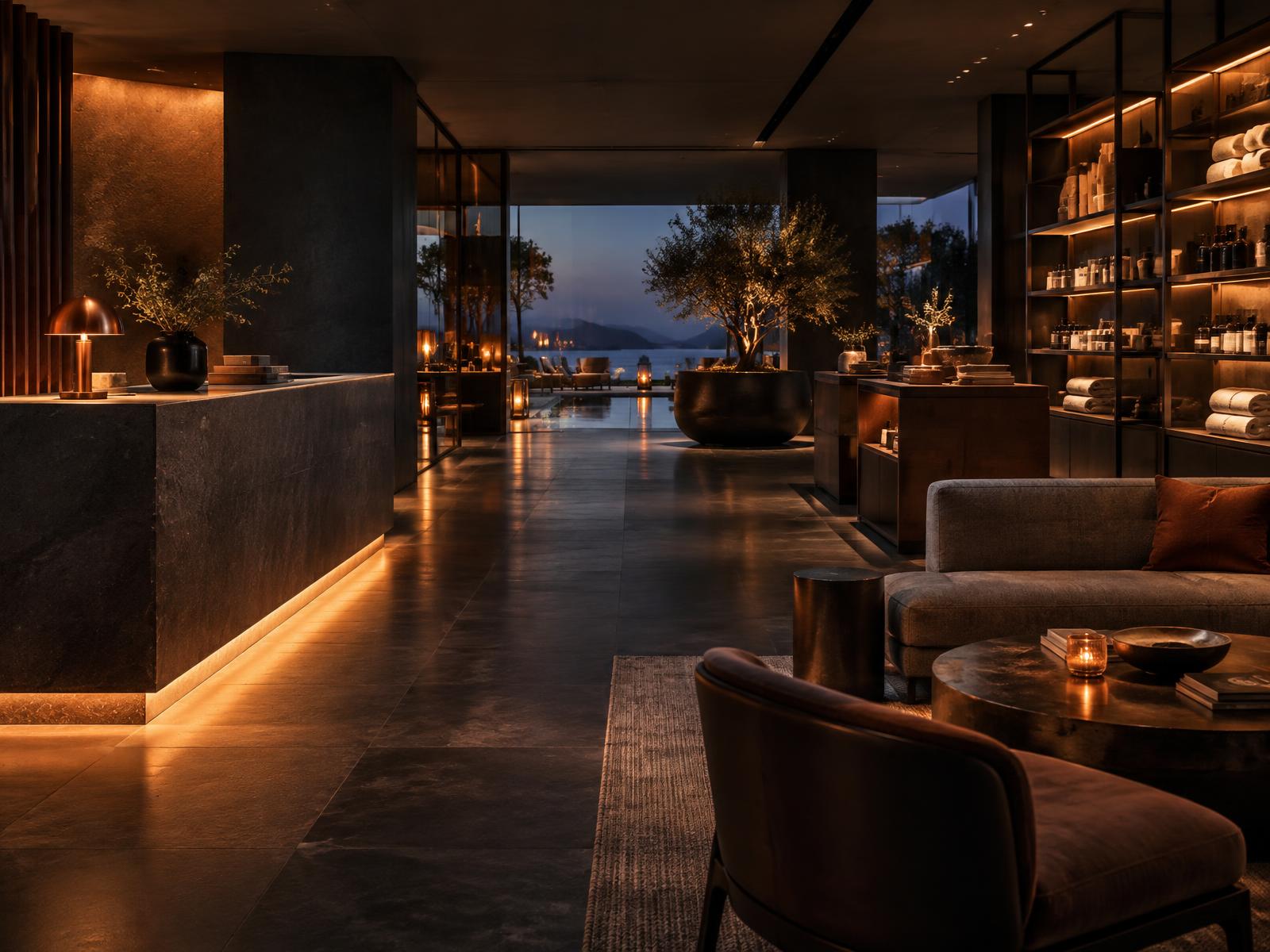 A premium hospitality and retail environment at dusk