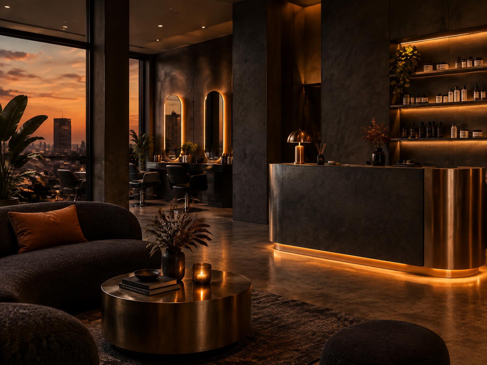 A warm, dark service studio with a reception desk and product shelves